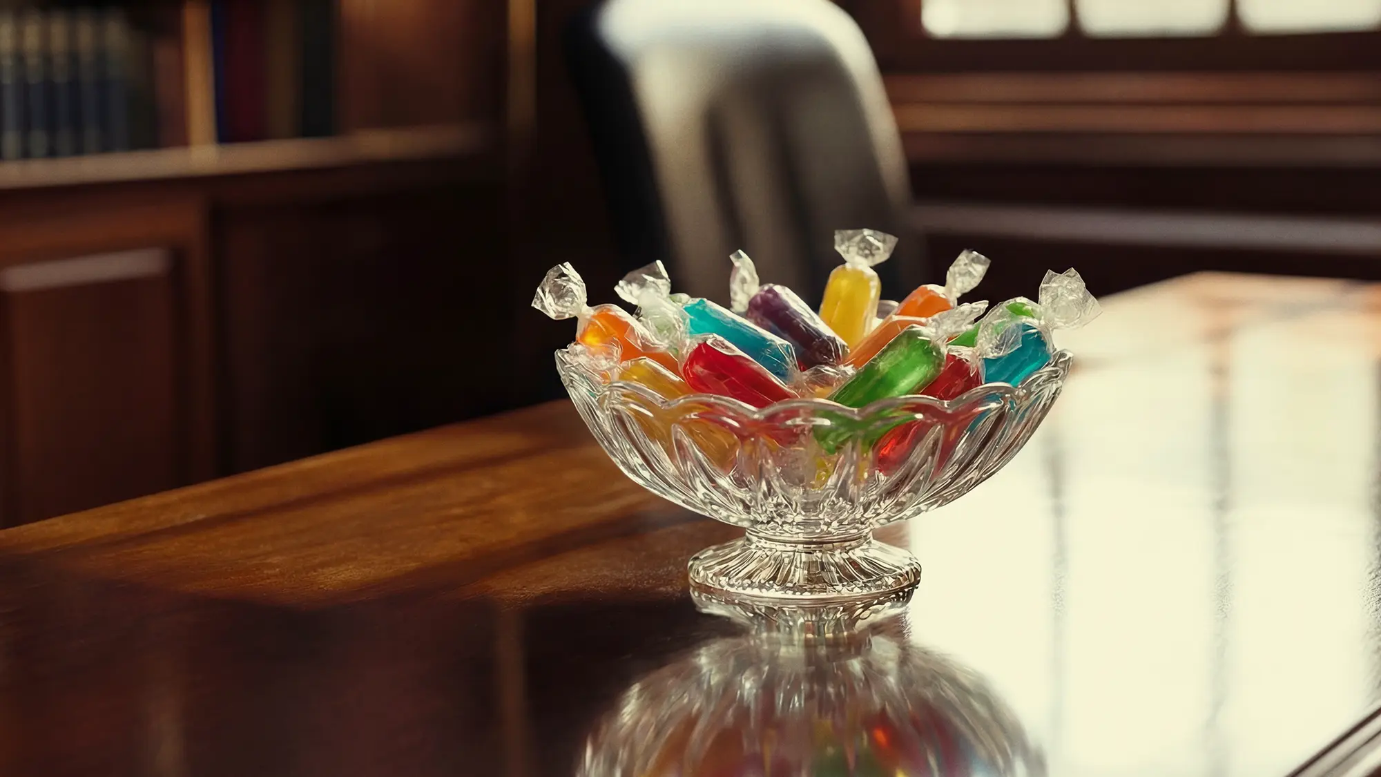 Crystal bowl full of colorful hard candy